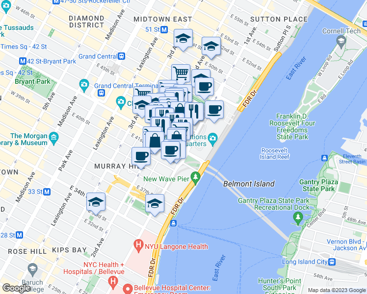 map of restaurants, bars, coffee shops, grocery stores, and more near 211 43rd Street in New York