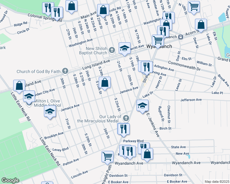 map of restaurants, bars, coffee shops, grocery stores, and more near 35 Jamaica Avenue in Wyandanch
