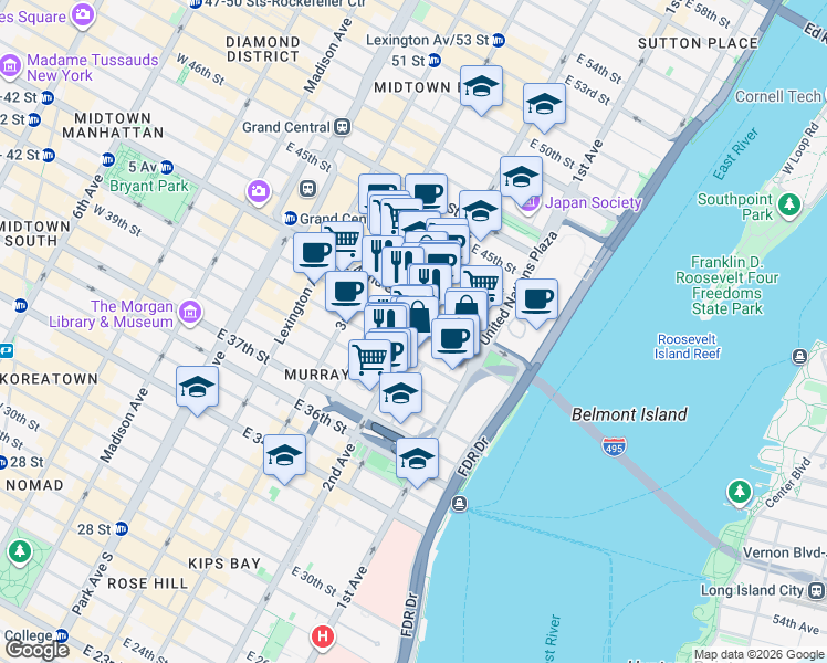 map of restaurants, bars, coffee shops, grocery stores, and more near 2nd Ave & E 41st St in New York