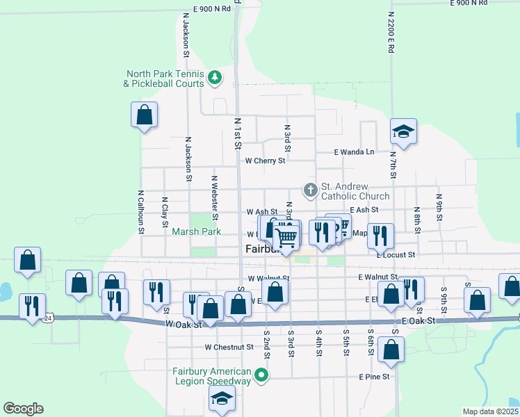 map of restaurants, bars, coffee shops, grocery stores, and more near 200 West Ash Street in Fairbury