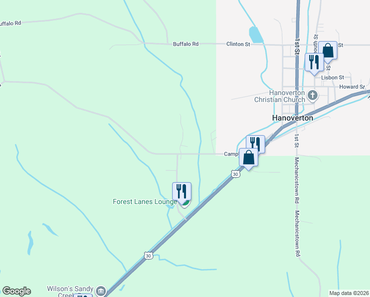 map of restaurants, bars, coffee shops, grocery stores, and more near 29554 Campbell Road in Hanoverton