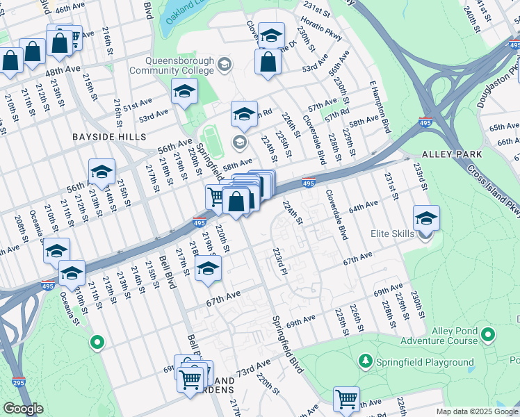 map of restaurants, bars, coffee shops, grocery stores, and more near 221-34 Horace Harding Expressway in Queens