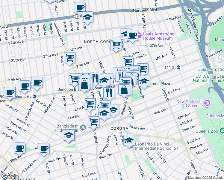 map of restaurants, bars, coffee shops, grocery stores, and more near 100-4 Spruce Street in Queens