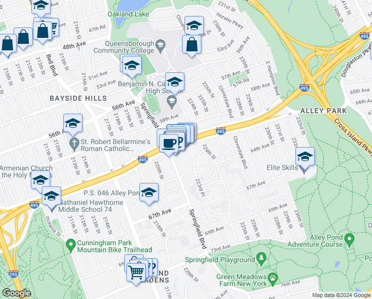 map of restaurants, bars, coffee shops, grocery stores, and more near 221-34 Horace Harding Expressway in Queens