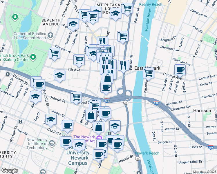 map of restaurants, bars, coffee shops, grocery stores, and more near 368 Broad Street in Newark