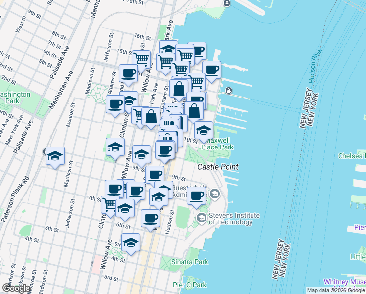 map of restaurants, bars, coffee shops, grocery stores, and more near 1014 Hudson Street in Hoboken