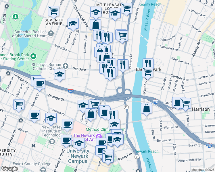 map of restaurants, bars, coffee shops, grocery stores, and more near 368 Broad Street in Newark