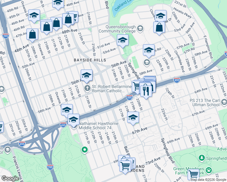 map of restaurants, bars, coffee shops, grocery stores, and more near 58-27 217th Street in Queens
