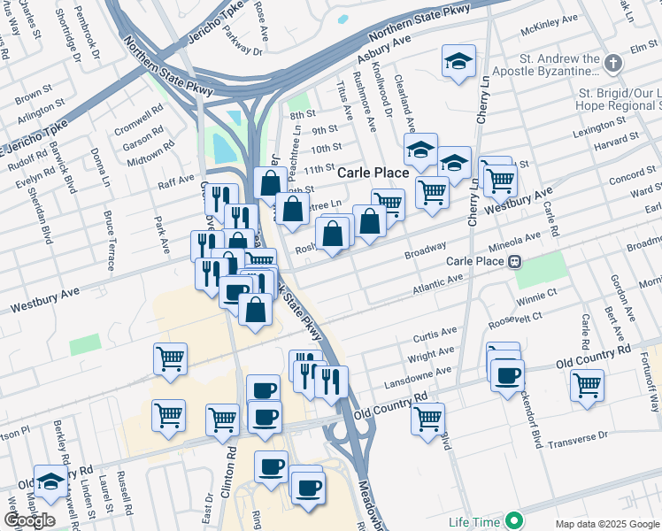map of restaurants, bars, coffee shops, grocery stores, and more near 226 Westbury Avenue in Carle Place