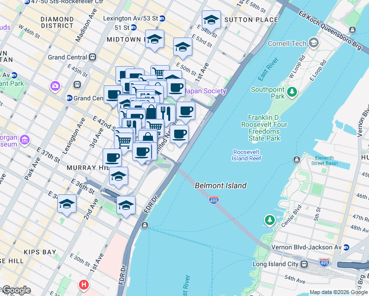 map of restaurants, bars, coffee shops, grocery stores, and more near 405 East 42nd Street in New York