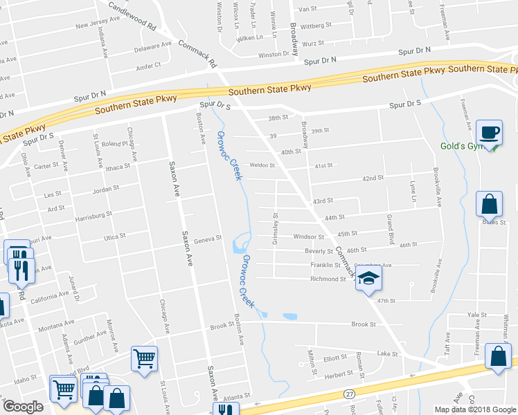 map of restaurants, bars, coffee shops, grocery stores, and more near 38 Cumberland Street in Islip