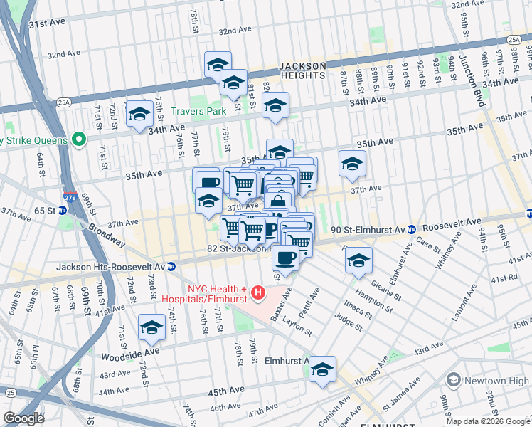 map of restaurants, bars, coffee shops, grocery stores, and more near 37-20 81st Street in Queens