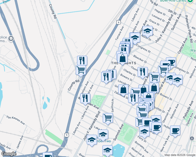 map of restaurants, bars, coffee shops, grocery stores, and more near 353 Liberty Avenue in Jersey City