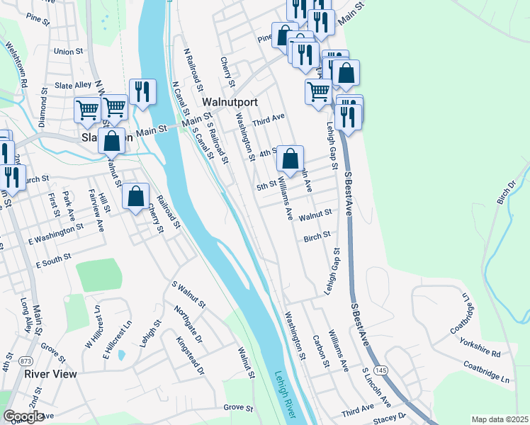 map of restaurants, bars, coffee shops, grocery stores, and more near 606 Washington Street in Walnutport