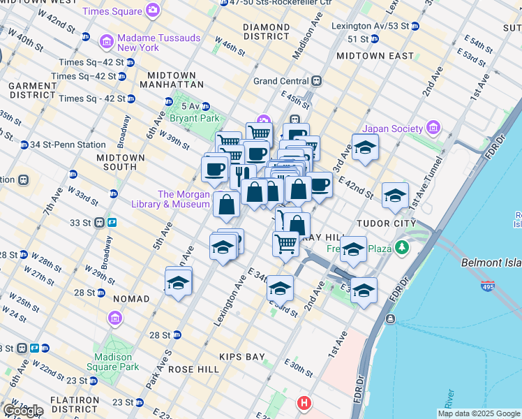 map of restaurants, bars, coffee shops, grocery stores, and more near 108 East 38th Street in New York