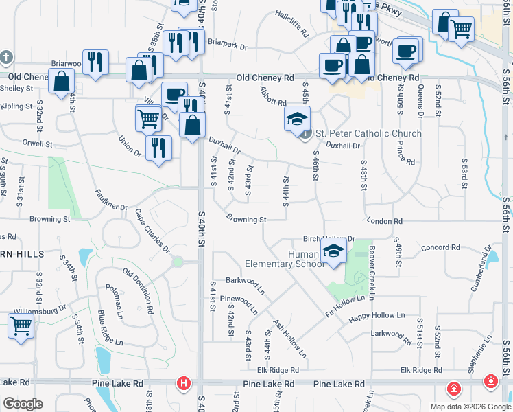 map of restaurants, bars, coffee shops, grocery stores, and more near 4307 Bingham Circle in Lincoln
