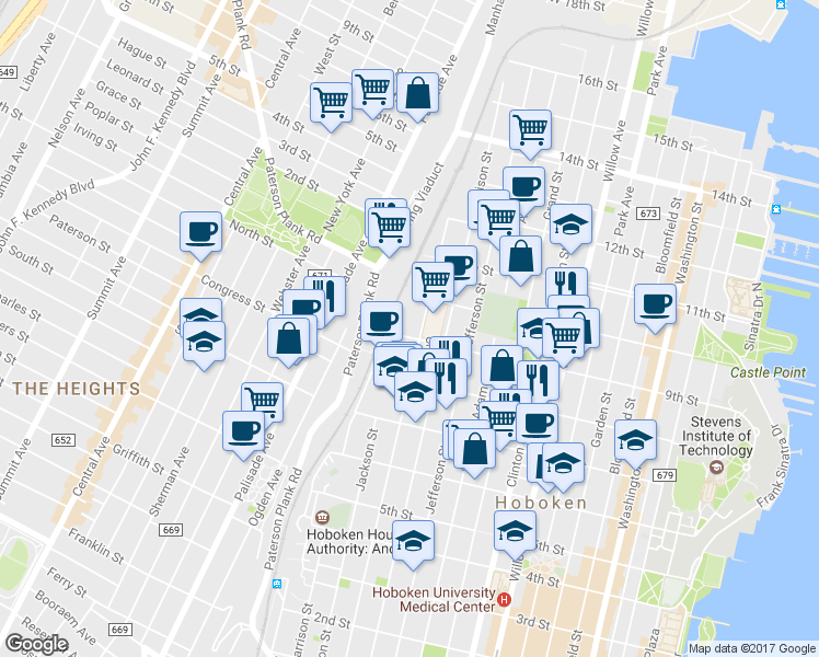 map of restaurants, bars, coffee shops, grocery stores, and more near 552 9th Street in Hoboken