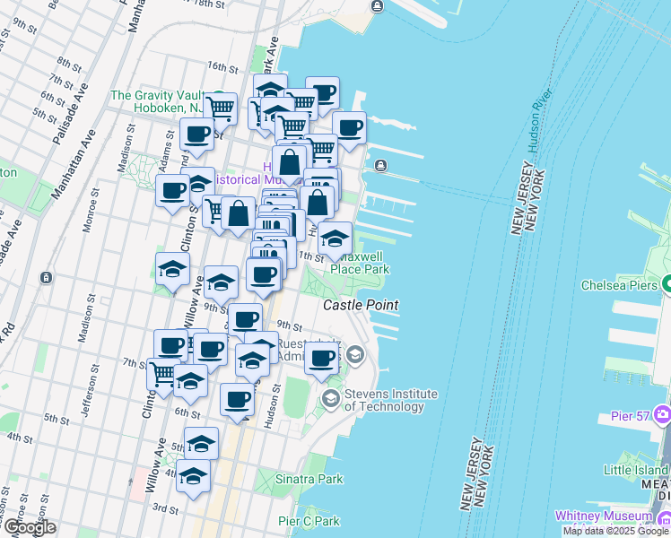 map of restaurants, bars, coffee shops, grocery stores, and more near 1025 Maxwell Lane in Hoboken