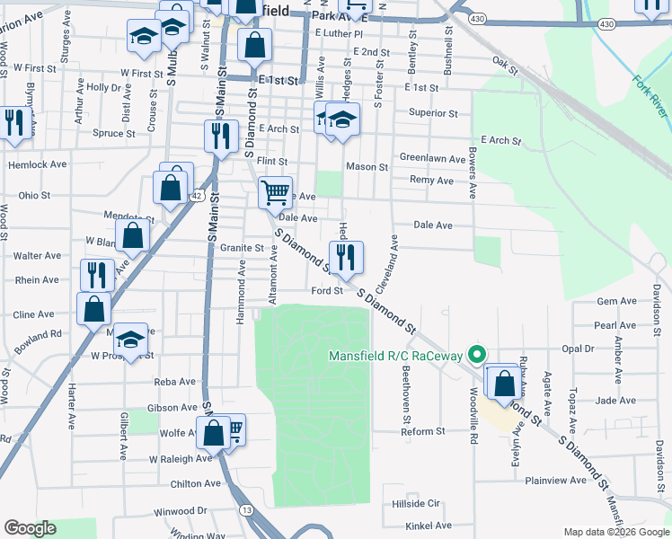 map of restaurants, bars, coffee shops, grocery stores, and more near 389 South Diamond Street in Mansfield