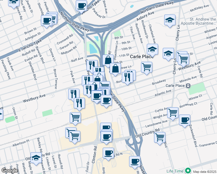 map of restaurants, bars, coffee shops, grocery stores, and more near in Carle Place