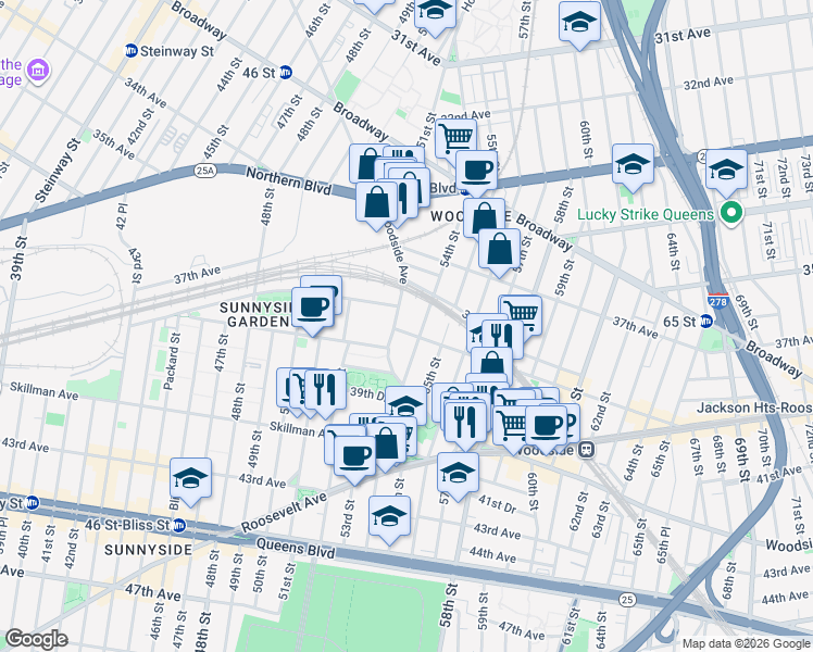 map of restaurants, bars, coffee shops, grocery stores, and more near 53-1 39th Avenue in Queens