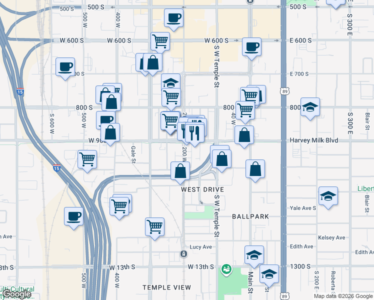 map of restaurants, bars, coffee shops, grocery stores, and more near 921 South 200 West in Salt Lake City
