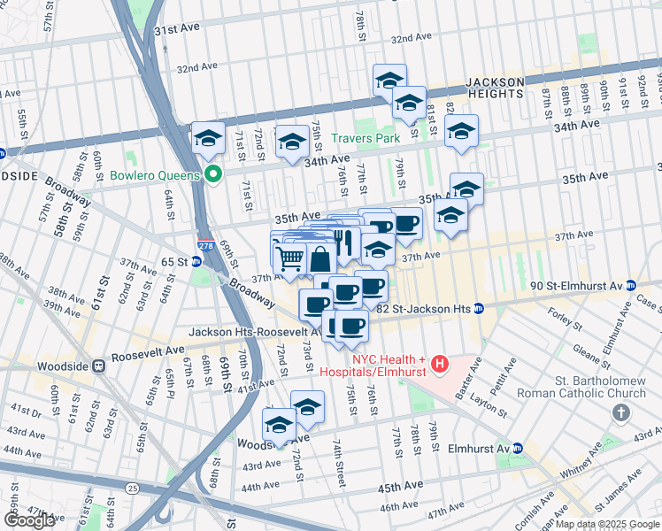 map of restaurants, bars, coffee shops, grocery stores, and more near 74-27 37th Avenue in Queens