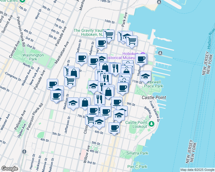 map of restaurants, bars, coffee shops, grocery stores, and more near 933 Willow Avenue in Hoboken