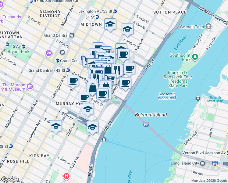 map of restaurants, bars, coffee shops, grocery stores, and more near 860 United Nations Plaza in New York