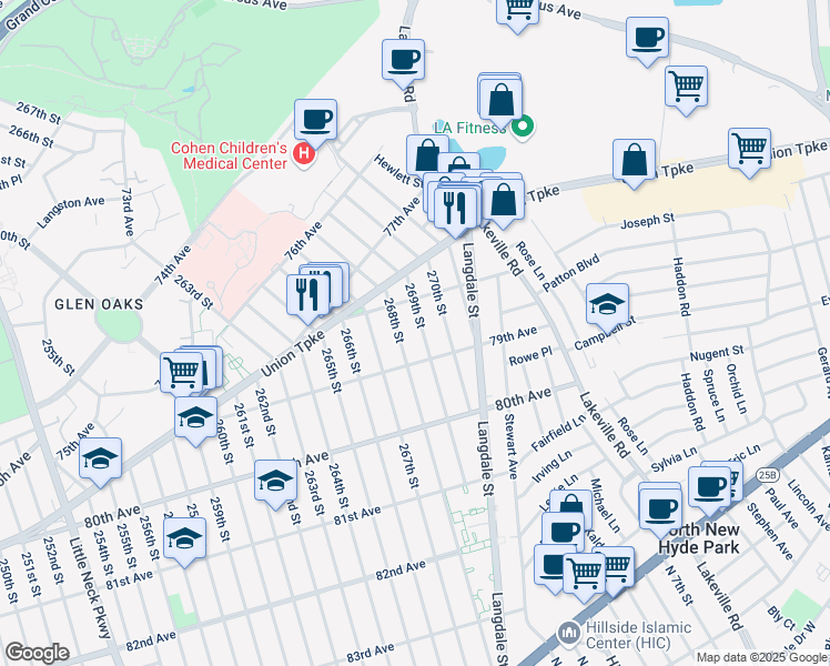 map of restaurants, bars, coffee shops, grocery stores, and more near 78-32 269th Street in Queens