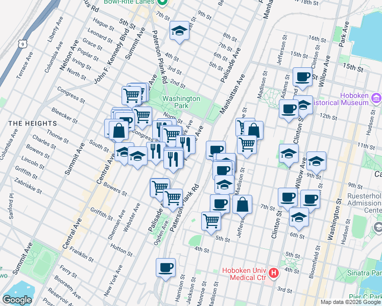 map of restaurants, bars, coffee shops, grocery stores, and more near 288 Paterson Plank Road in Jersey City