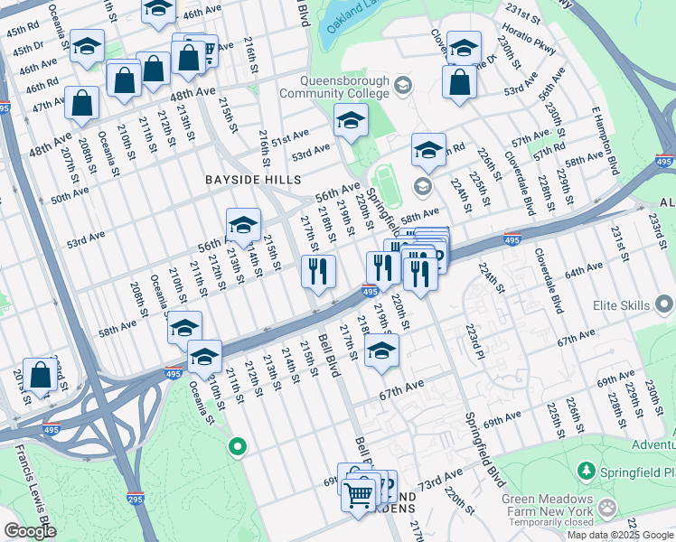 map of restaurants, bars, coffee shops, grocery stores, and more near 58-27 217th Street in Queens