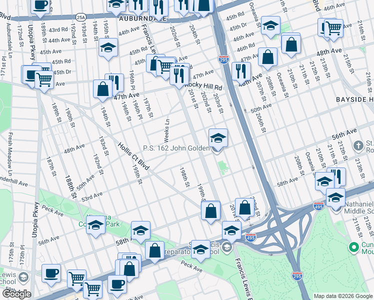 map of restaurants, bars, coffee shops, grocery stores, and more near 51-15 199th Street in Queens