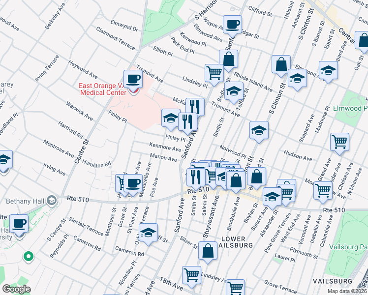 map of restaurants, bars, coffee shops, grocery stores, and more near 379 Sanford Avenue in Newark