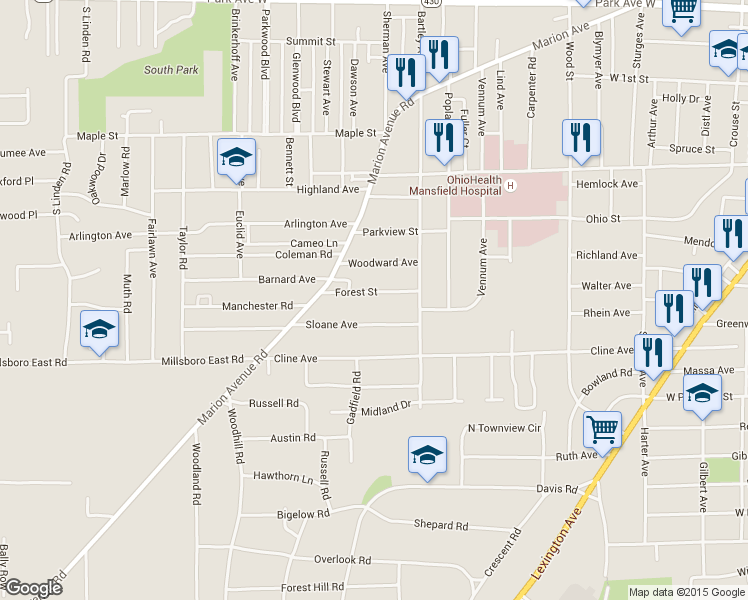 map of restaurants, bars, coffee shops, grocery stores, and more near 501 Forest Street in Mansfield