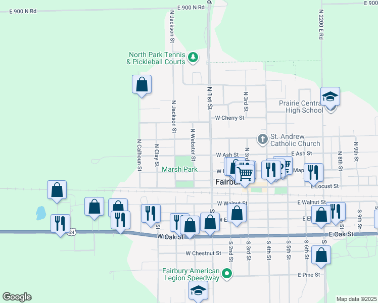 map of restaurants, bars, coffee shops, grocery stores, and more near 402 West Ash Street in Fairbury