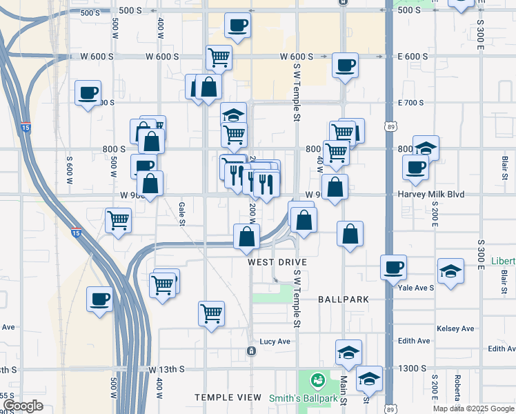 map of restaurants, bars, coffee shops, grocery stores, and more near 932 200 West in Salt Lake City