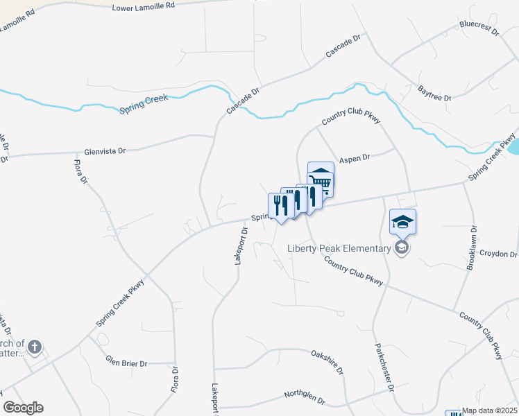 map of restaurants, bars, coffee shops, grocery stores, and more near 235 Spring Creek Parkway in Spring Creek