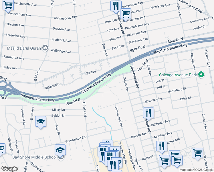 map of restaurants, bars, coffee shops, grocery stores, and more near 15 Newbrook Lane in Bay Shore