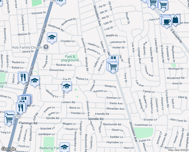 map of restaurants, bars, coffee shops, grocery stores, and more near 2 Shady Lane in Hicksville