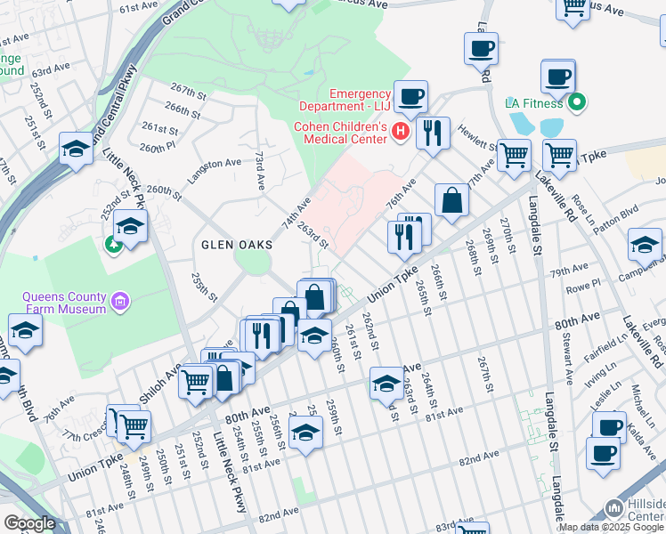 map of restaurants, bars, coffee shops, grocery stores, and more near 76-04 263rd Street in Queens