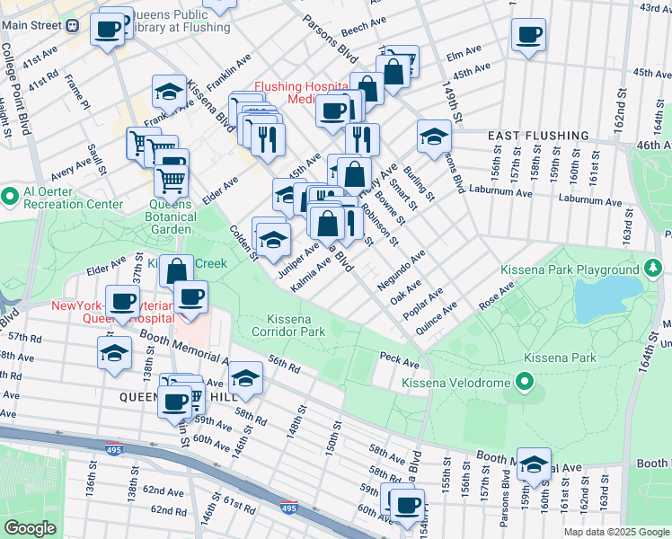 map of restaurants, bars, coffee shops, grocery stores, and more near 137-56 Laburnum Avenue in Queens