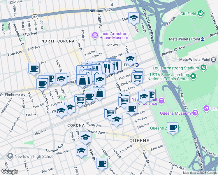 map of restaurants, bars, coffee shops, grocery stores, and more near 104-31 42nd Avenue in Queens