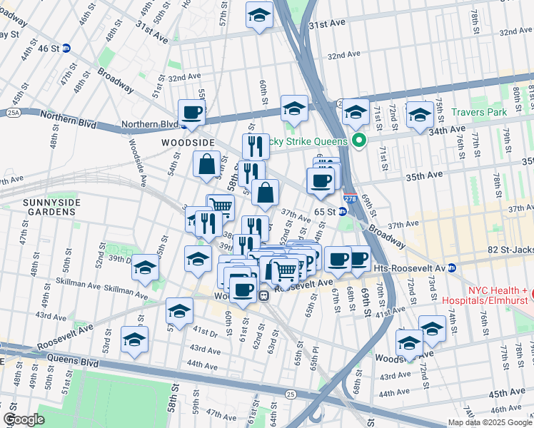 map of restaurants, bars, coffee shops, grocery stores, and more near 37-20 61st Street in Queens