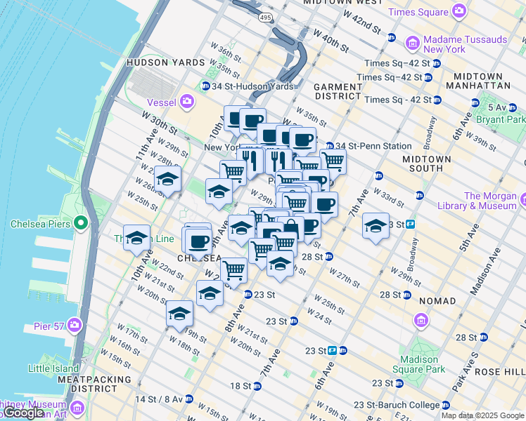 map of restaurants, bars, coffee shops, grocery stores, and more near 340 West 28th Street in New York