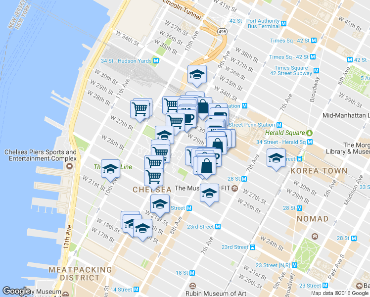 map of restaurants, bars, coffee shops, grocery stores, and more near 340 West 28th Street in New York