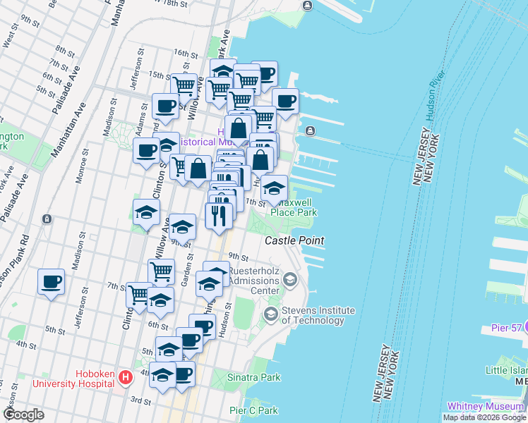 map of restaurants, bars, coffee shops, grocery stores, and more near 1055 Maxwell Lane in Hoboken