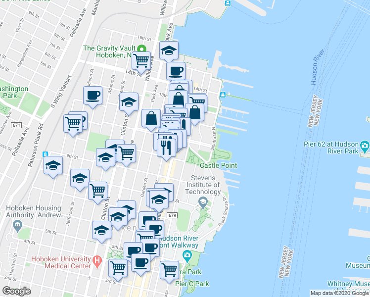 map of restaurants, bars, coffee shops, grocery stores, and more near 1014 Hudson Street in Hoboken