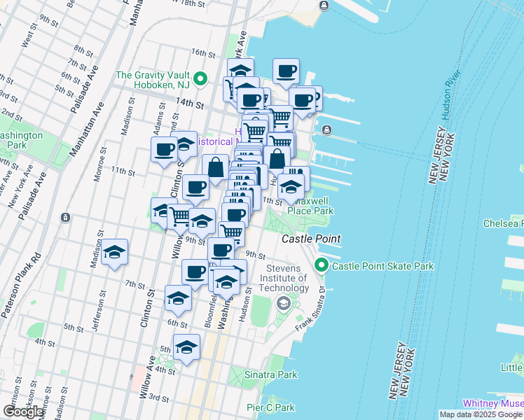 map of restaurants, bars, coffee shops, grocery stores, and more near 1014 Hudson Street in Hoboken