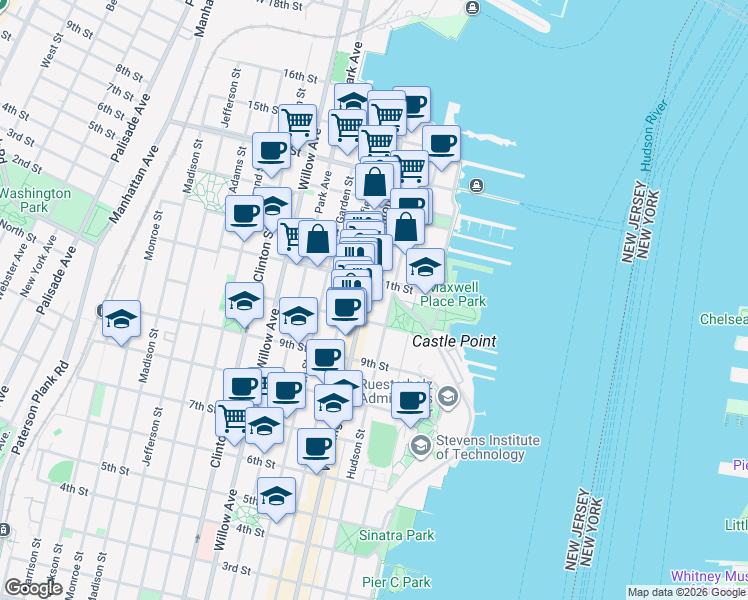 map of restaurants, bars, coffee shops, grocery stores, and more near 1014 Hudson Street in Hoboken